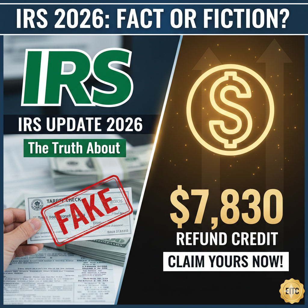 A split-screen thumbnail about IRS 2026 updates. Left side shows a hand holding a "Tariff Check" with a red "FAKE" stamp. Right side features a glowing gold dollar sign with text "$7,830 Refund Credit" and "Claim Yours Now!"