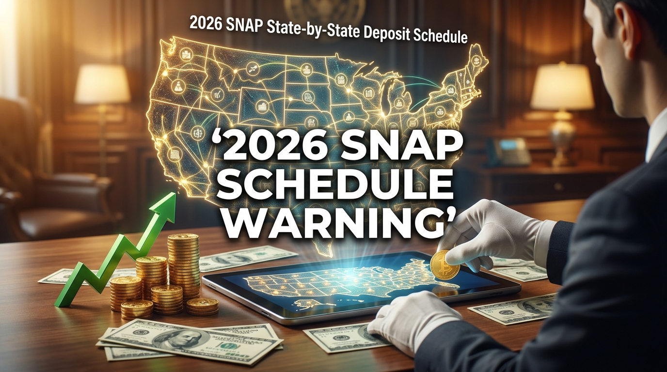 A futuristic illustration titled '2026 SNAP Watch: The New State-by-State Deposit Schedule Map' featuring a U.S. map inside a digital interface. The map is color-coded into 'Early', 'Mid', and 'Late' deposit schedules with a prominent red 'WARNING' badge
